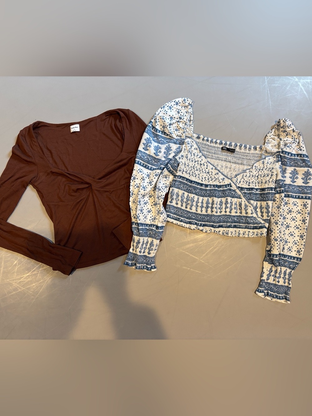 Aritzia Brown Lula & Zara Blue/Wht L/S “going out” tops. Size Sm. 2 for 1 price!